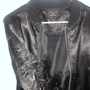 Black Satin Lace Up Sleeve Long Bomber Jacket